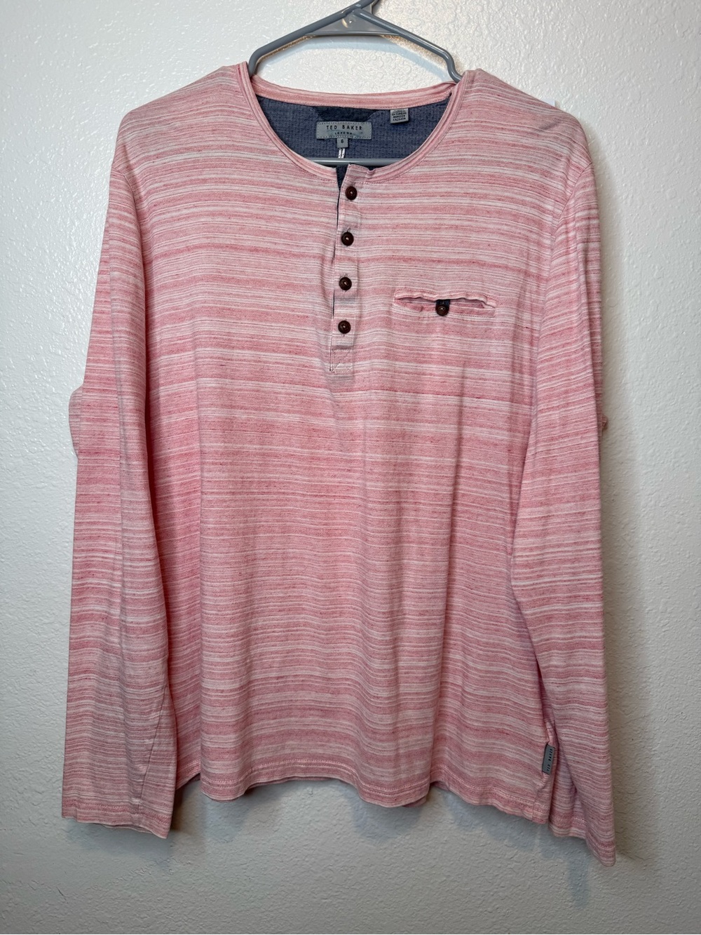 Ted Baker London Men's Slim Fit Pink Striped Long Sleeve Henley Shirt Size 6